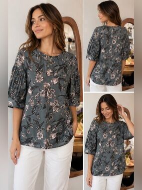 S Max Mara Floral Cotton Poplin Puff Sleeve Blouse